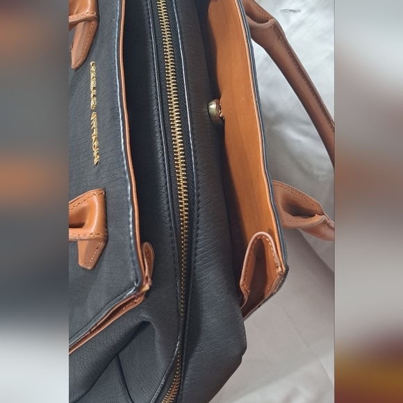 Adrienne Vittadini | Large Black/Brown Faux Leather Dome Satchel Crossbody Bag - Picture 13 of 16